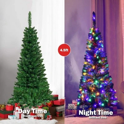 Tangkula 4.5ft Pencil Christmas Tree Pre-Lit Hinged Artificial Decoration w/ 150 Colorful Lights 5 Tangkula 4.5ft Pencil Christmas Tree Pre-Lit Hinged Artificial Decoration w/ 150 Colorful Lights - Image 5