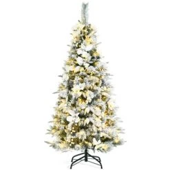 Tangkula Pre-Lit Lifelike Xmas Tree 5FT Snow-Flocked Slim Christmas Tree W/ 339 Branches Tips