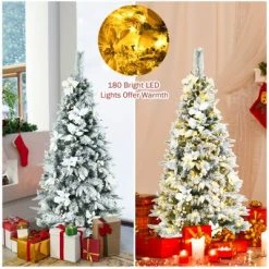 Tangkula Pre-Lit Lifelike Xmas Tree 5FT Snow-Flocked Slim Christmas Tree W/ 339 Branches Tips -Christmas Trees Sales Store unnamed file 7195