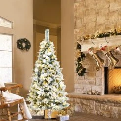 Tangkula Pre-Lit Lifelike Xmas Tree 5FT Snow-Flocked Slim Christmas Tree W/ 339 Branches Tips -Christmas Trees Sales Store unnamed file 7198