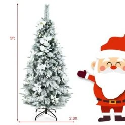 Tangkula Pre-Lit Lifelike Xmas Tree 5FT Snow-Flocked Slim Christmas Tree W/ 339 Branches Tips -Christmas Trees Sales Store unnamed file 7200