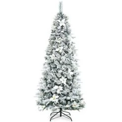 Tangkula Pre-Lit Lifelike Xmas Tree 5FT Snow-Flocked Slim Christmas Tree W/ 339 Branches Tips -Christmas Trees Sales Store unnamed file 7203