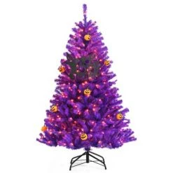 Tangkula Artificial Purple Christmas Tree, Prelit Purple Halloween Tree w/ Orange LED Lights & Pumpkin Ornaments