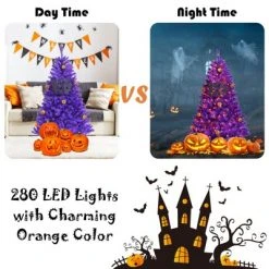 Tangkula Artificial Purple Christmas Tree, Prelit Purple Halloween Tree w/ Orange LED Lights & Pumpkin Ornaments -Christmas Trees Sales Store unnamed file 7219