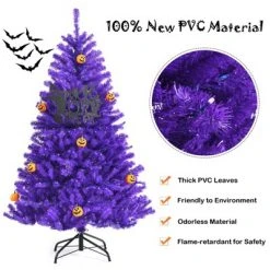 Tangkula Artificial Purple Christmas Tree, Prelit Purple Halloween Tree w/ Orange LED Lights & Pumpkin Ornaments -Christmas Trees Sales Store unnamed file 7220