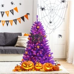 Tangkula Artificial Purple Christmas Tree, Prelit Purple Halloween Tree w/ Orange LED Lights & Pumpkin Ornaments -Christmas Trees Sales Store unnamed file 7222