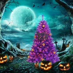 Tangkula Artificial Purple Christmas Tree, Prelit Purple Halloween Tree w/ Orange LED Lights & Pumpkin Ornaments -Christmas Trees Sales Store unnamed file 7224