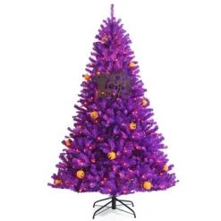 Tangkula Artificial Purple Christmas Tree, Prelit Purple Halloween Tree w/ Orange LED Lights & Pumpkin Ornaments -Christmas Trees Sales Store unnamed file 7227