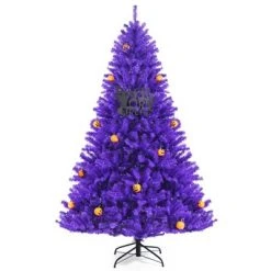 Tangkula Artificial Purple Christmas Tree, Prelit Purple Halloween Tree w/ Orange LED Lights & Pumpkin Ornaments -Christmas Trees Sales Store unnamed file 7228