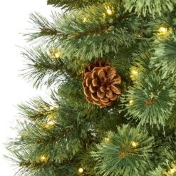 Nearly Natural Pre-Lit LED White Mountain Pine Artificial Christmas Tree with Pinecones Clear Lights