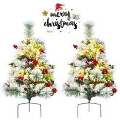 Tangkula 2PCS 29" Pre-Lit Christmas Tree Snow Flocked Pathway Xmas Tree with 30 LED Lights -Christmas Trees Sales Store unnamed file 7245