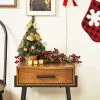 Okuna Outpost Mini Christmas Tree Pine Tree with Gold Ball Ornaments, Bows, and Poinsettias (16 in)