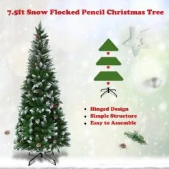 Tangkula 7.5' Artificial Pencil Christmas Tree Snow Flocked Tree w/ Pine Cones and Metal stand -Christmas Trees Sales Store unnamed file 7306