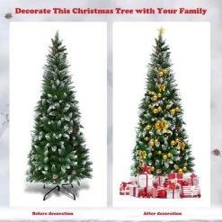 Tangkula 7.5' Artificial Pencil Christmas Tree Snow Flocked Tree w/ Pine Cones and Metal stand -Christmas Trees Sales Store unnamed file 7308