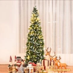 Tangkula 6' Artificial Pencil Christmas Tree Snow Flocked Tree w/ Pine Cones and Metal stand