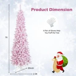 Tangkula 7FT Snow Flocked Christmas Tree, Pink Pencil Christmas Tree w/300 LED Lights & 8 Lighting Modes for Festival & Party Decoration