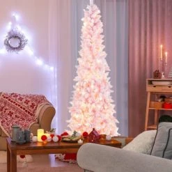 Tangkula 7FT Snow Flocked Christmas Tree, Pink Pencil Christmas Tree w/300 LED Lights & 8 Lighting Modes for Festival & Party Decoration -Christmas Trees Sales Store unnamed file 7327