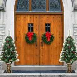 Tangkula 2 PCS 4FT Snow Flocked Artificial Christmas Tree PVC Entrance Tree W/ Pine Cones