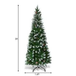 Tangkula 5' Artificial Pencil Christmas Tree Snow Flocked Tree w/ Pine Cones and Metal stand -Christmas Trees Sales Store unnamed file 7390