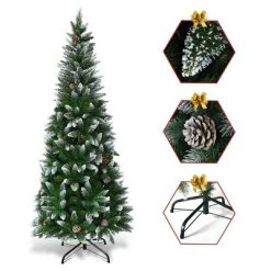 Tangkula 5' Artificial Pencil Christmas Tree Snow Flocked Tree w/ Pine Cones and Metal stand -Christmas Trees Sales Store unnamed file 7391