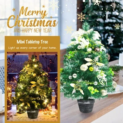 Tangkula 2ft Pre-lit Tabletop Christmas Tree Mini Artificial Evergreen Christmas Tree with Timer & Rich Ornaments 3 Tangkula 2ft Pre-lit Tabletop Christmas Tree Mini Artificial Evergreen Christmas Tree with Timer & Rich Ornaments - Image 3