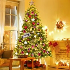 Tangkula 6.5' Pre-lit Snow Flocked Christmas Tree with 450 LED Lights &Foldable Stand