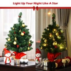 Tangkula 24'' Artificial Christmas Tree Pre-Lit LED Lights w/ Ball Ornaments