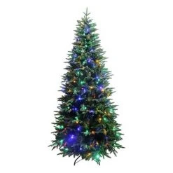 A Holiday Company Holiday Stuff Company 6 Foot Real Feel Forest Fir Slim Prelit Christmas Tree with Dual Color, Warm White, Multicolor LED Lights, and Metal Stand