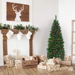 Tangkula Pencil Christmas Tree Hinged Artificial Slim Xmas Tree with Sturdy Metal Stand