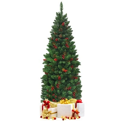 Tangkula Pencil Christmas Tree Hinged Artificial Slim Xmas Tree with Sturdy Metal Stand 10 Tangkula Pencil Christmas Tree Hinged Artificial Slim Xmas Tree with Sturdy Metal Stand - Image 10