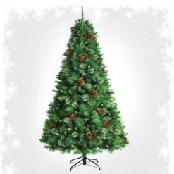 Tangkula 7ft Pre-Decorated Holiday Christmas Tree Unlit Artificial Pine Tree w/ Red Berries