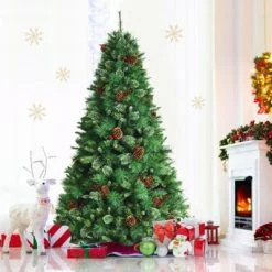 Tangkula 7ft Pre-Decorated Holiday Christmas Tree Unlit Artificial Pine Tree w/ Red Berries -Christmas Trees Sales Store unnamed file 7533