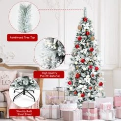 Tangkula 7FTSlim Pencil Tree Hinged Artificial Christmas Tree W/627 Branches Tips