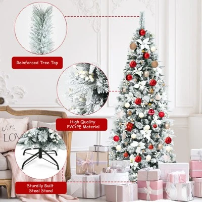Tangkula 7FTSlim Pencil Tree Hinged Artificial Christmas Tree W/627 Branches Tips