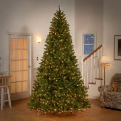 National Tree Company Pre-Lit Artificial Full Christmas Tree, Green, North Valley Spruce, White Lights, Includes Stand, 9ft