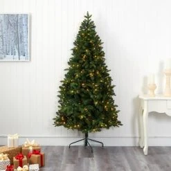 7ft Nearly Natural Pre-Lit LED Grand Teton Spruce Flat Back Artificial Christmas Tree Clear Lights -Christmas Trees Sales Store unnamed file 7686