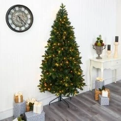 7ft Nearly Natural Pre-Lit LED Grand Teton Spruce Flat Back Artificial Christmas Tree Clear Lights -Christmas Trees Sales Store unnamed file 7687