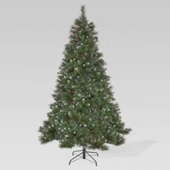 9ft Mixed Spruce Pre-Lit Hinged Full Artificial Christmas Tree with Glitter Branches Clear Lights - Christopher Knight Home