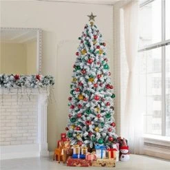 Yaheetech Flocked Pencil Artificial Christmas Tree Snow Frosted Christmas Tree, Green