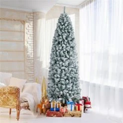 Yaheetech Flocked Pencil Artificial Christmas Tree Snow Frosted Christmas Tree, Green -Christmas Trees Sales Store unnamed file 8197