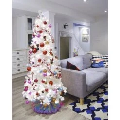 Treetopia All Snowed In White 8 Foot Artificial Prelit Slim Narrow Christmas Tree Holiday Decoration with White LED Lights, Premium Stand & Foot Pedal
