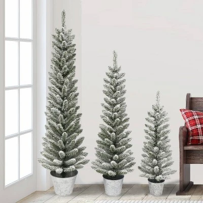 Puleo 3pc Unlit Flocked Pencil Artificial Christmas Tree in Galvanized Pot 1 Puleo 3pc Unlit Flocked Pencil Artificial Christmas Tree in Galvanized Pot