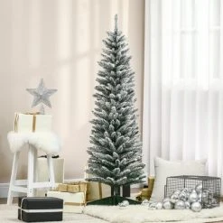 HOMCOM 59" Snow Flocked Artificial Pencil Christmas Tree, Slim Xmas Tree with Realistic Branches and Steel Stand for Indoor Decoration, Green