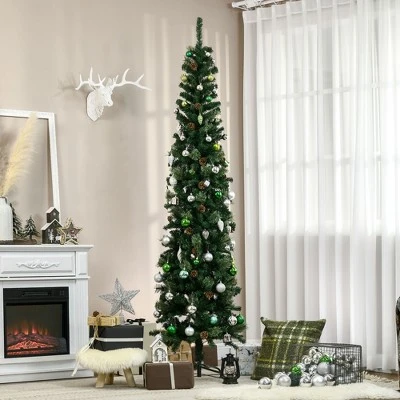 HOMCOM 7.5 Foot Pencil Artificial Christmas Tree, Slim Pine Needles Xmas Tree with Realistic Branches, Pine Cones, Metal Base, Green 2 HOMCOM 7.5 Foot Pencil Artificial Christmas Tree, Slim Pine Needles Xmas Tree with Realistic Branches, Pine Cones, Metal Base, Green - Image 2