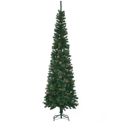 HOMCOM 7.5 Foot Pencil Artificial Christmas Tree, Slim Pine Needles Xmas Tree with Realistic Branches, Pine Cones, Metal Base, Green 3 HOMCOM 7.5 Foot Pencil Artificial Christmas Tree, Slim Pine Needles Xmas Tree with Realistic Branches, Pine Cones, Metal Base, Green - Image 3