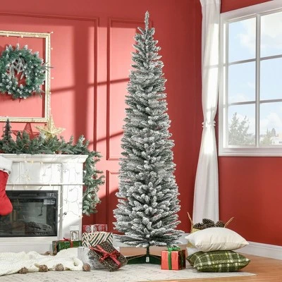 HOMCOM 82.75" Snow Flocked Artificial Pencil Christmas Tree, Slim Xmas Tree with Realistic Branches and Steel Stand for Indoor Decoration, Green 2 HOMCOM 82.75" Snow Flocked Artificial Pencil Christmas Tree, Slim Xmas Tree with Realistic Branches and Steel Stand for Indoor Decoration, Green - Image 2