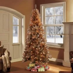 Primo International Puleo International 6.5 Foot Tall Pre Lit Silver Tinsel Christmas Tree w/ 1,003 Individual Branch Tips, 400 Pre Strung Lights, and Hinged Metal Stand