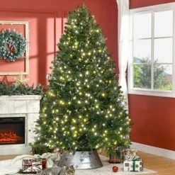 HOMCOM 7' Prelit Artificial Christmas Tree with 2393 Realistic Branches, Warm White LED Lights and 2393 Tips Green