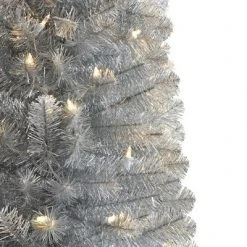 Treetopia Shimmering Silver 7 Foot Artificial Prelit Pencil Tinsel Christmas Tree Holiday Decoration with White LED Lights, Premium Stand & Foot Pedal