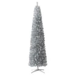 Treetopia Shimmering Silver 7 Foot Artificial Prelit Pencil Tinsel Christmas Tree Holiday Decoration with White LED Lights, Premium Stand & Foot Pedal -Christmas Trees Sales Store unnamed file 9017